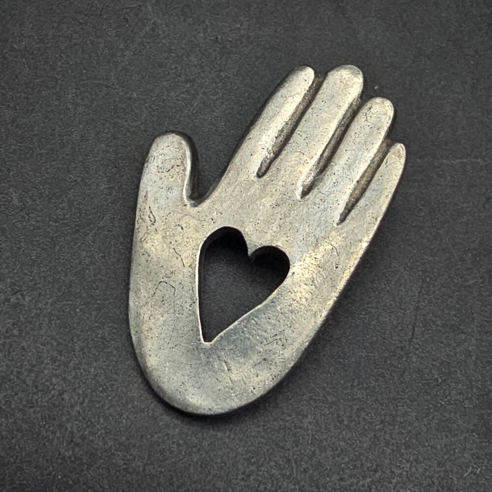 1996 Barker Pewter Hand Heart Pin Vintage Jewelry